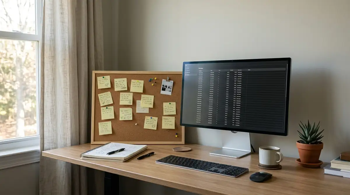 Ein Computer-Bildschirm zeigt eine Tabellenübersicht ohne Logos, dahinter eine Pinnwand mit gelben Notizzetteln und einem linierten Block, Tageslicht, sachliche Stimmung