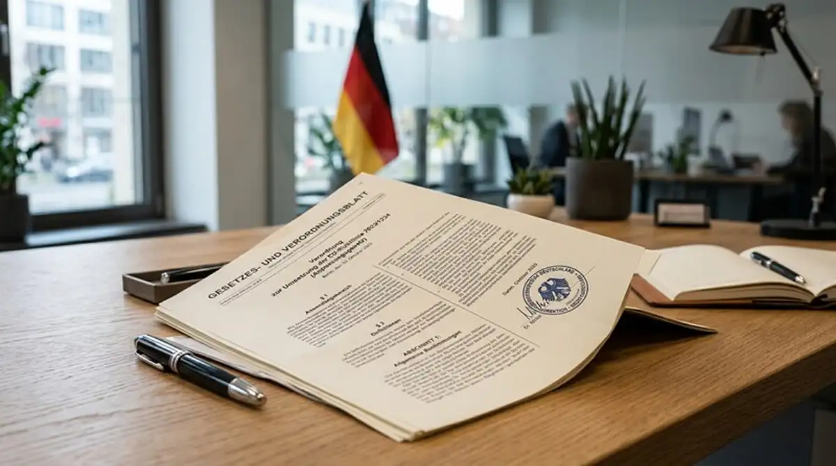 Offizielles Dokument mit Stempel und deutscher Flagge im Hintergrund