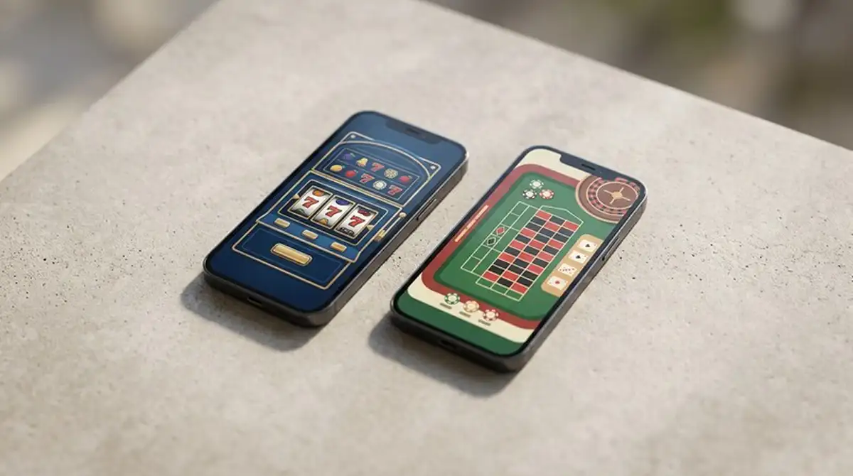 Zwei Smartphones nebeneinander mit verschiedenen Casino-Interfaces