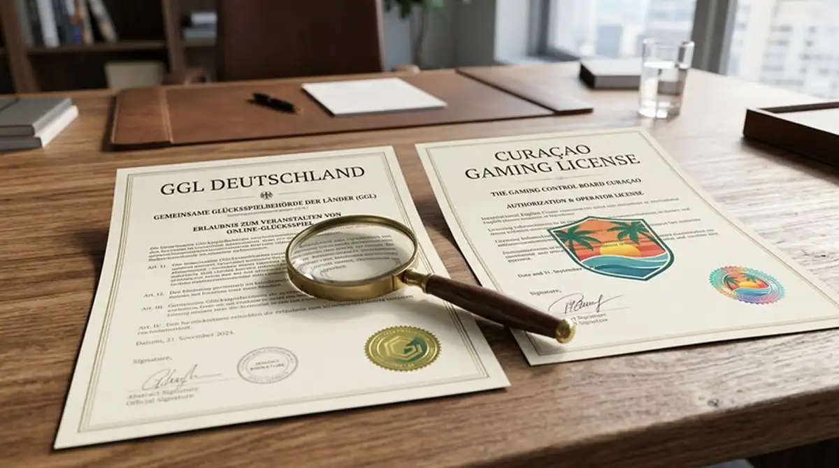Deutsches GGL-Lizenzdokument neben internationalem Curaçao-Lizenz-Zertifikat