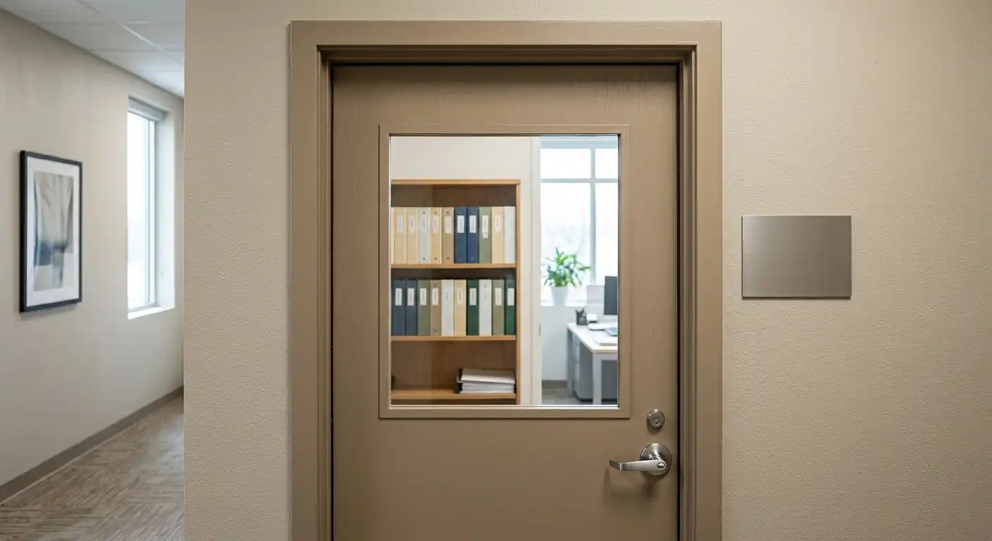 Schild mit Aufdruck „Lizensiert" an einer Tür zu einem hellen Büroraum mit Akten