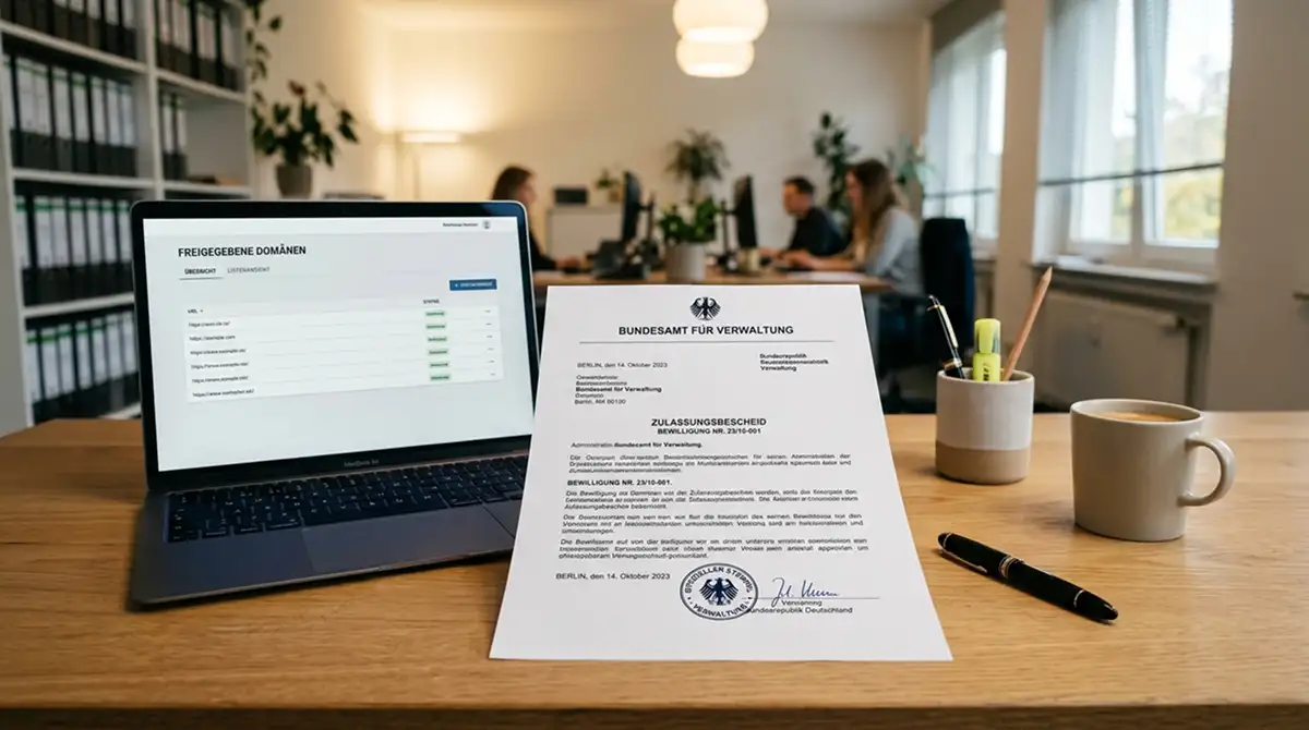 Offizielles Dokument mit generischem Behördensiegel neben Laptop mit neutraler Whitelist-Ansicht