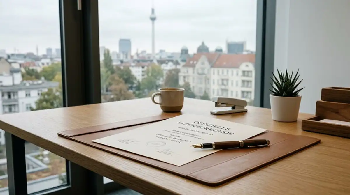 Offizielles Lizenzdokument ohne Wappen auf einem Schreibtisch vor deutscher Stadtkulisse