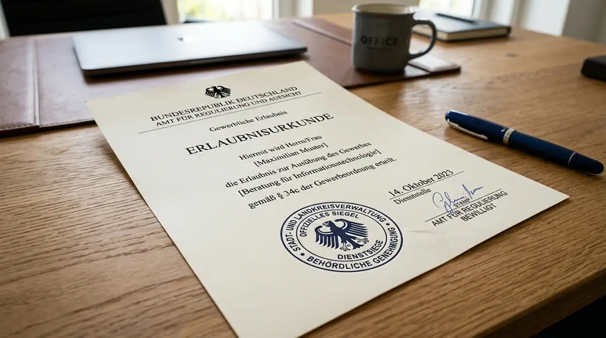 Gestempeltes Lizenzdokument mit Siegel der GGL auf einem Schreibtisch
