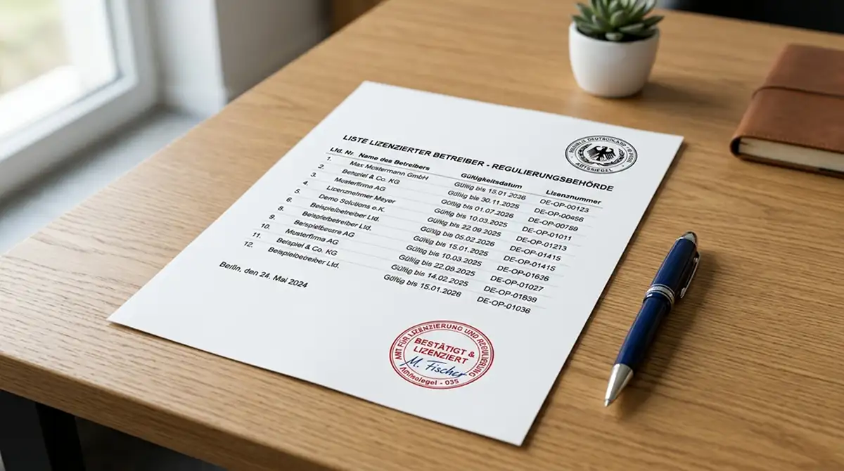 Sauberes Dokument auf Schreibtisch mit Liste lizenzierter Anbieter, generischer Stempel