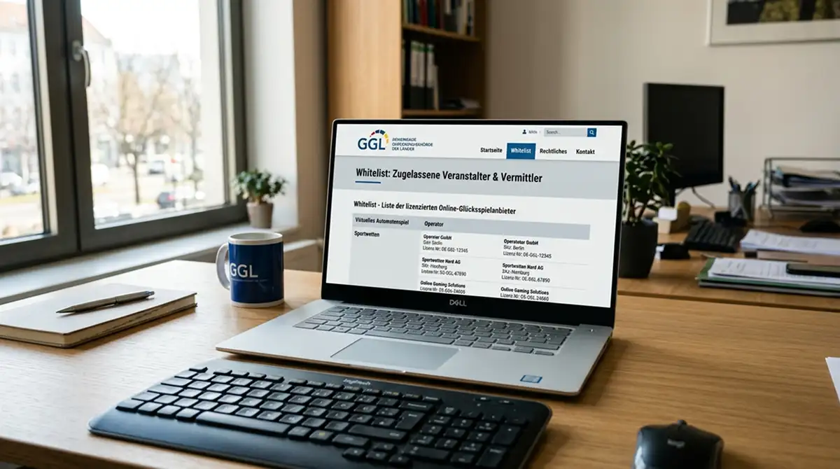 Laptop mit GGL-Whitelist und deutschen Casino-Logos auf Bildschirm