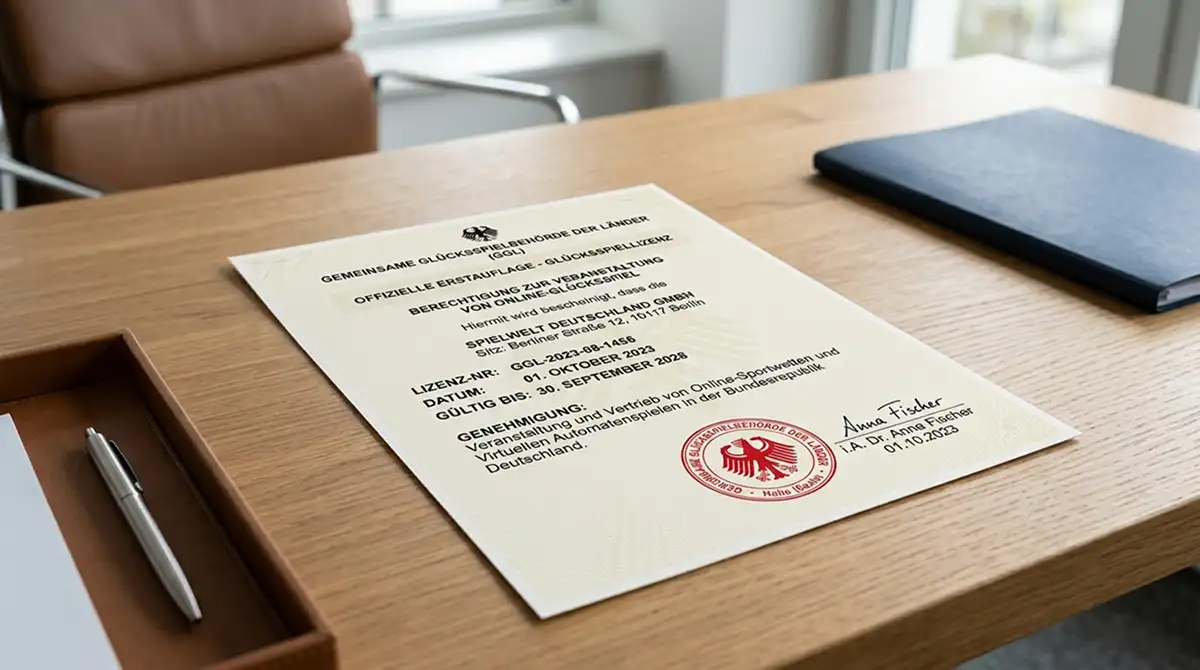 Offizielles GGL-Lizenz-Dokument mit deutschen Behörden-Stempel auf Schreibtisch