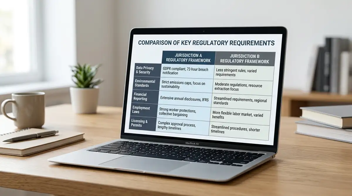 Laptop-Bildschirm zeigt Vergleichstabelle regulatorischer Unterschiede