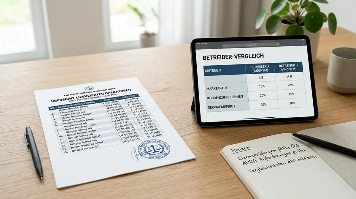 Tablet zeigt Split-Screen-Vergleichstabelle, Stift und Notizblock daneben