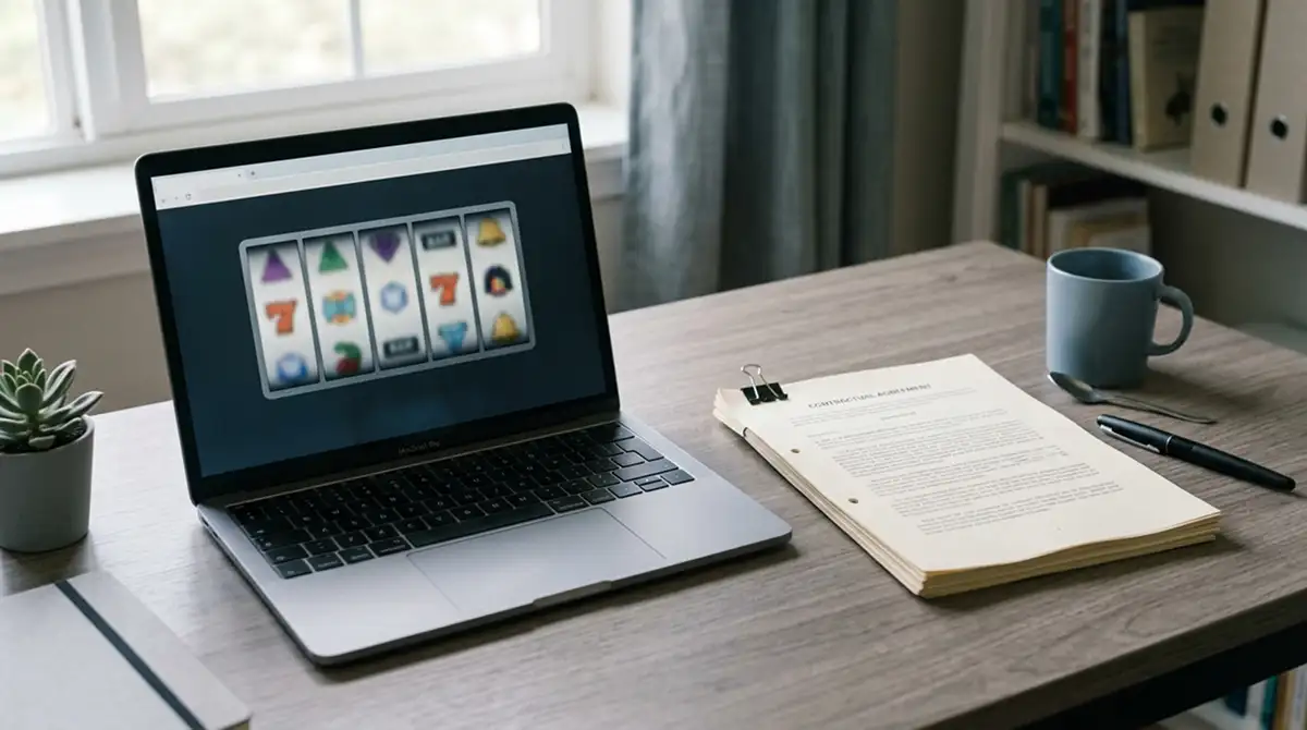 Neutrales Gesetzesdokument neben einem Laptop mit stilisiertem Walzenbild
