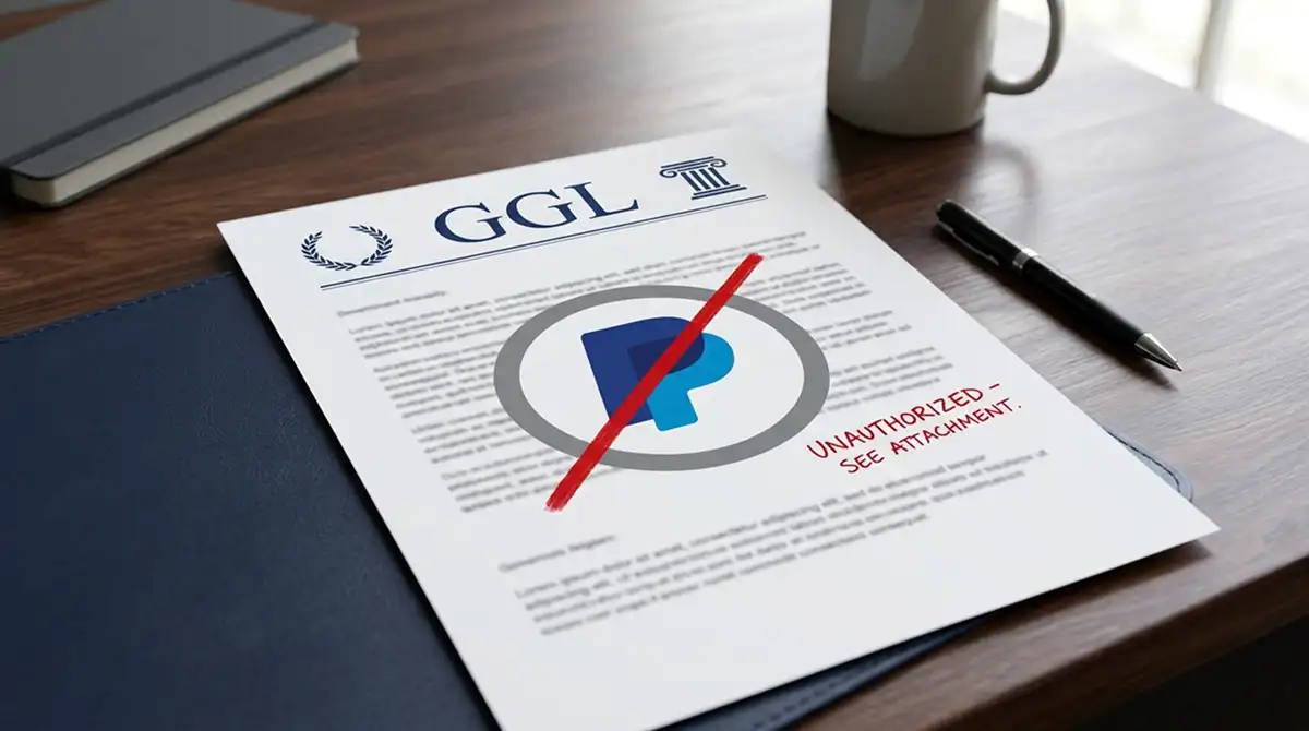 Dokument mit GGL-Logo und durchgestrichenem PayPal-Symbol