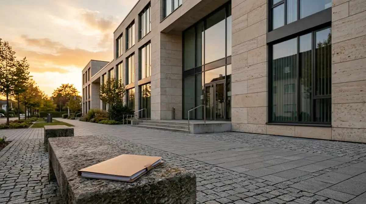 Glasfassade einer deutschen Verwaltungsbehörde bei Abendlicht