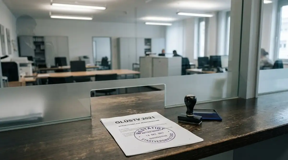 Behördenschalter mit GlüStV-Dokument und Stempel „Gemeinsame Glücksspielbehörde der Länder"