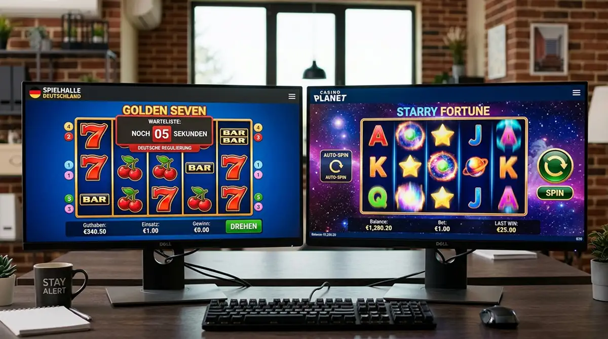 Zwei Bildschirme nebeneinander: deutscher GGL-Slot mit 5-Sekunden-Countdown und internationaler Slot ohne Pause