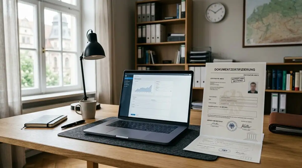 Amtliche Whitelist-Prüfung und Spielerschutzunterlagen neben einem Laptop