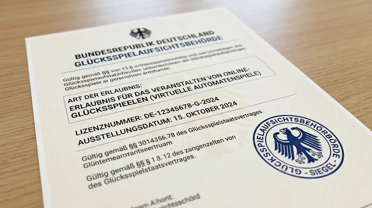Amtliches Lizenzdokument einer deutschen Glücksspielbehörde auf einem Aktenstapel