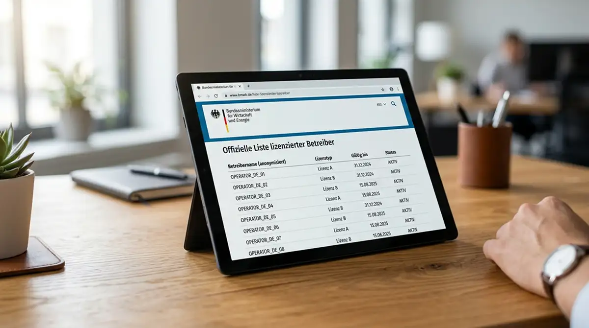 Offizielle GGL-Whitelist auf Tablet-Bildschirm mit lizenzierten Merkur-Anbietern