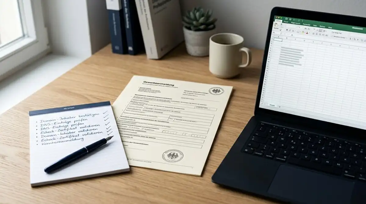 Neutraler deutscher Lizenznachweis neben Laptop und Prüfliste