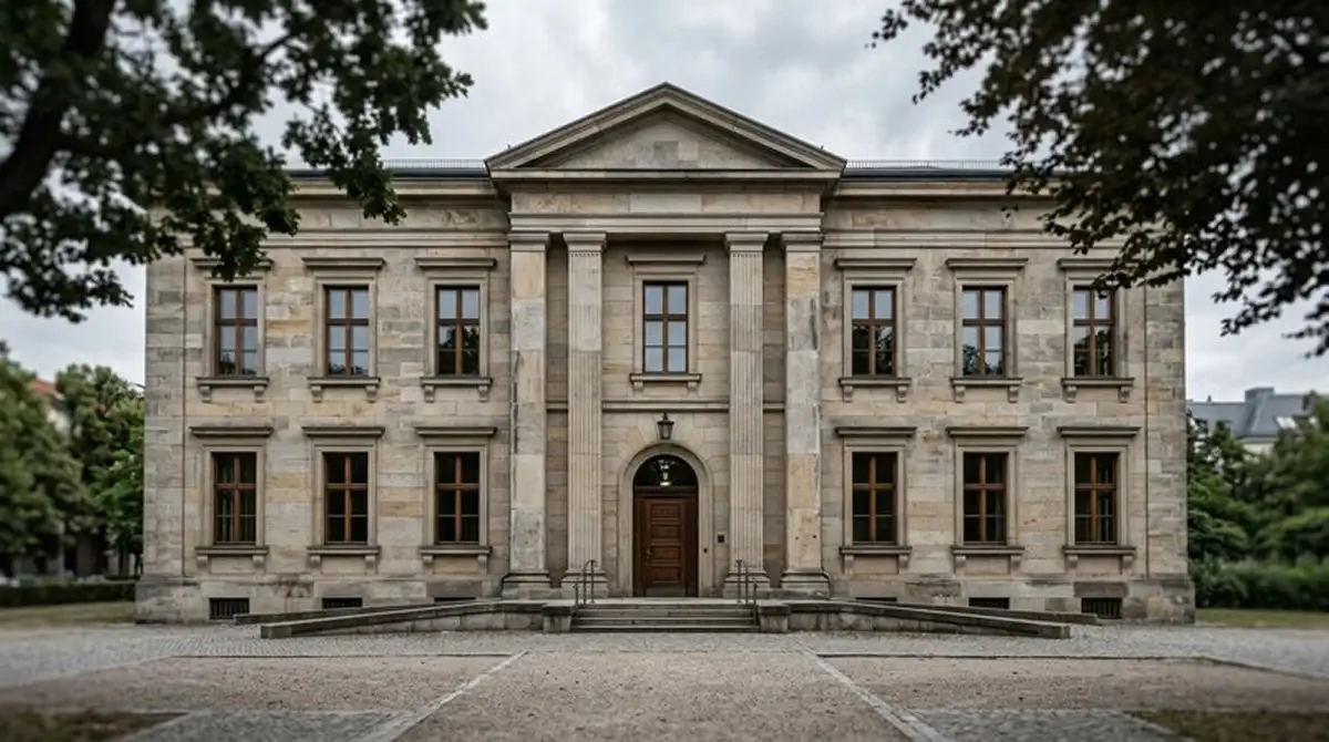 Gebäude im Stil eines deutschen Verwaltungsgebäudes mit ruhiger Fassade bei Tageslicht