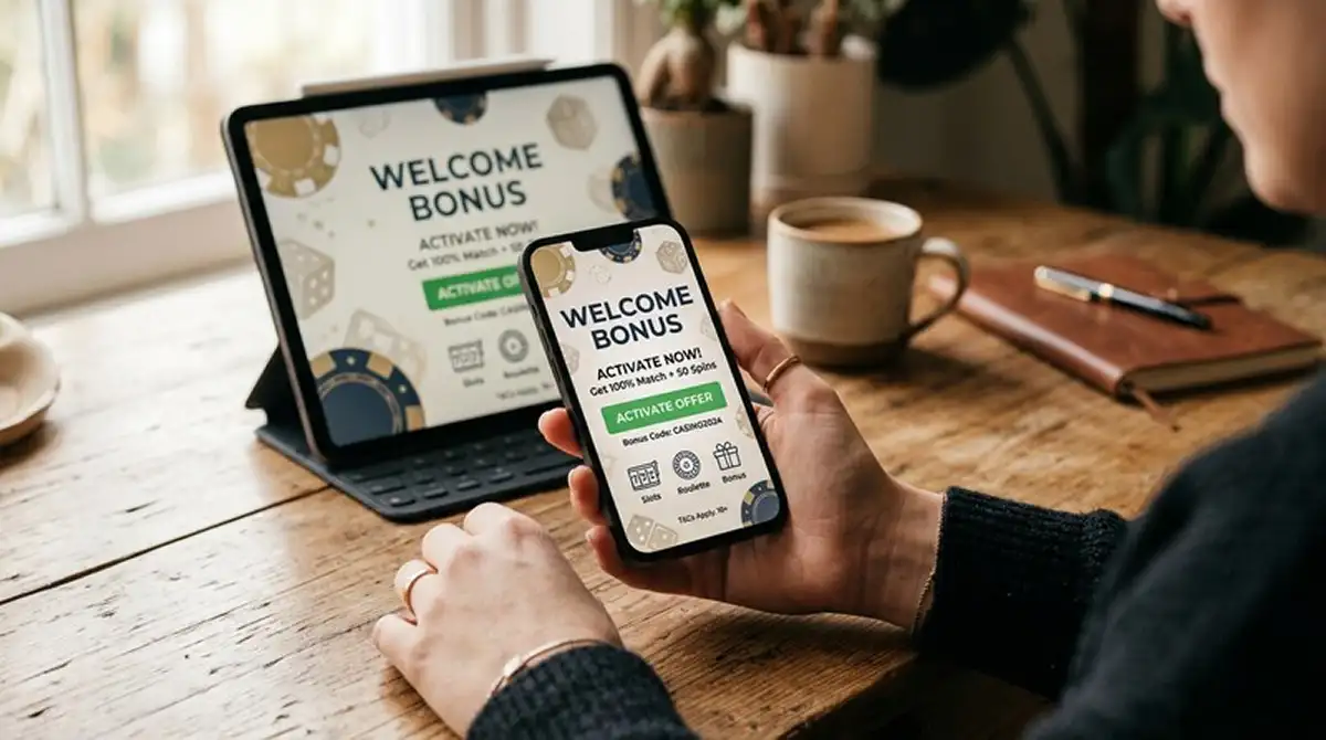 Handy und Tablet mit Mobile-Casino-Bonus-Screen
