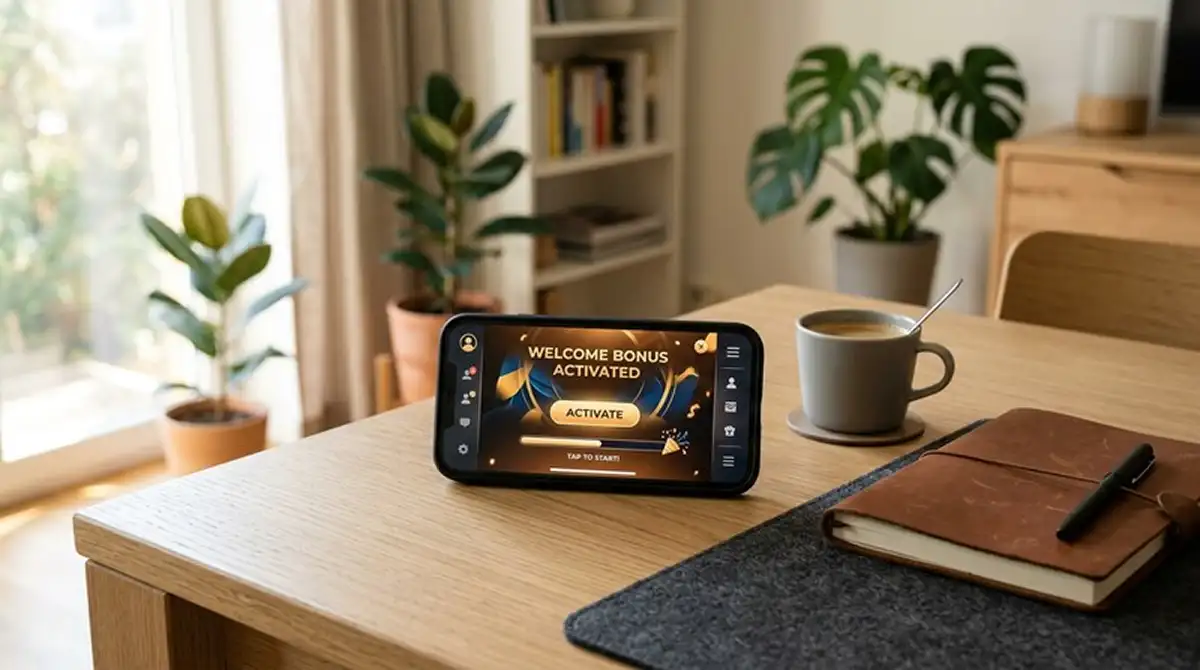 Smartphone auf einem Schreibtisch mit geöffnetem mobilen Casino-Bonusfenster und Notizbuch daneben
