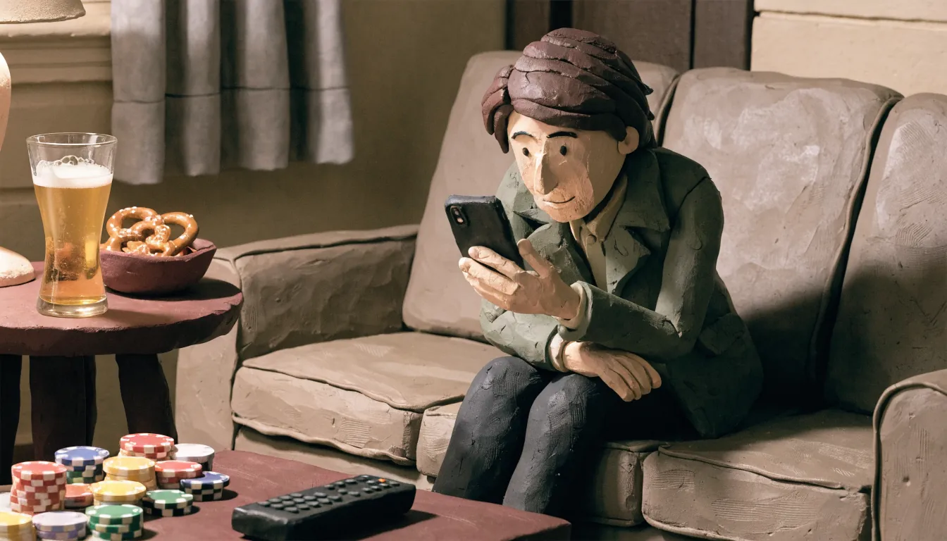 Entspannter Abend im Wohnzimmer mit Smartphone, Bier und Spielchips
