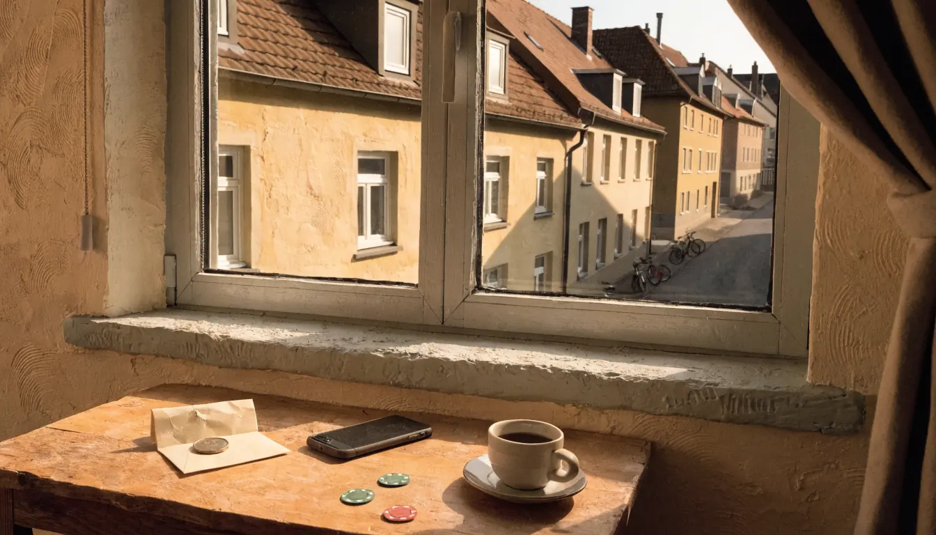 Holztisch mit Briefumschlag, Münze, Casino-Chips und abgelegtem Smartphone in einer deutschen Wohnung.