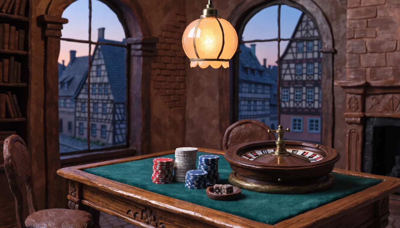 Eleganter Spieltisch mit Roulette, Chips und warmem Licht
