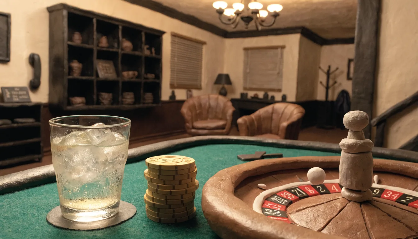 Elegantes Casino-Setting mit Roulette, goldenen Spielchips und warmem Licht