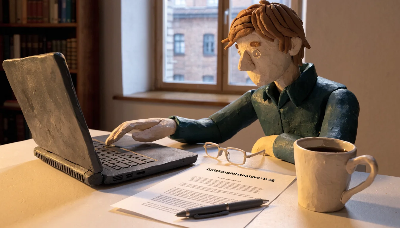 Mann am Schreibtisch mit Laptop und juristischem Ausdruck