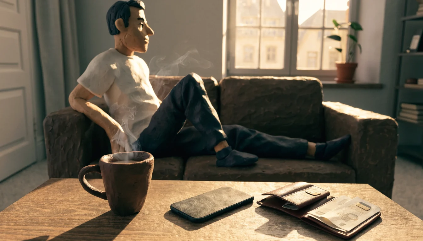 Entspannte Person im hellen Wohnzimmer, Smartphone und Geldbörse mit Euro auf dem Couchtisch
