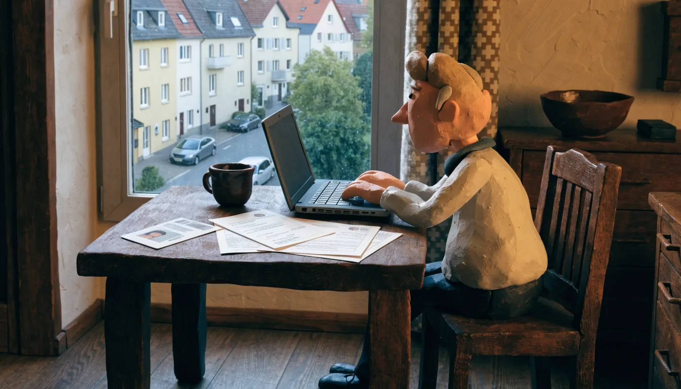 Person am Esstisch mit zugeklapptem Laptop und Ausweisdokumenten in einer deutschen Wohnung