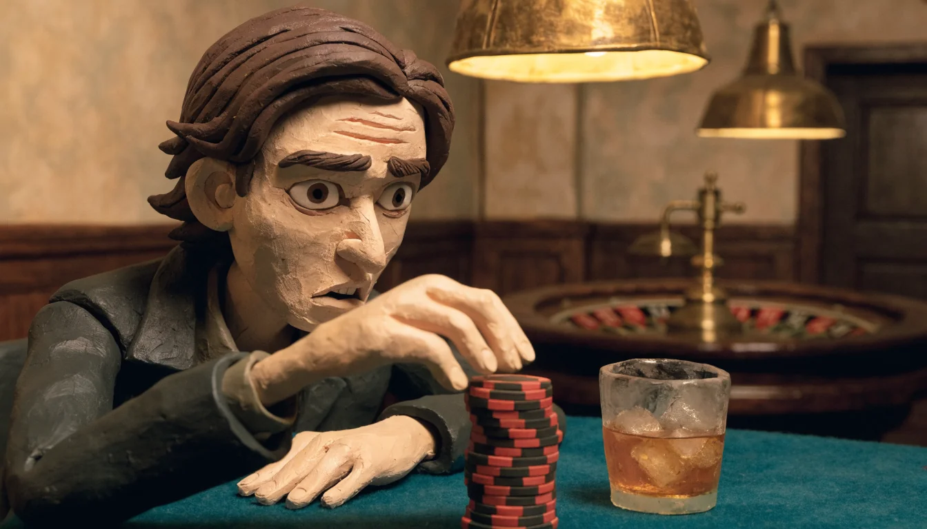 Angespannter Spieler am Casino-Tisch mit Chipstapel und Whiskyglas