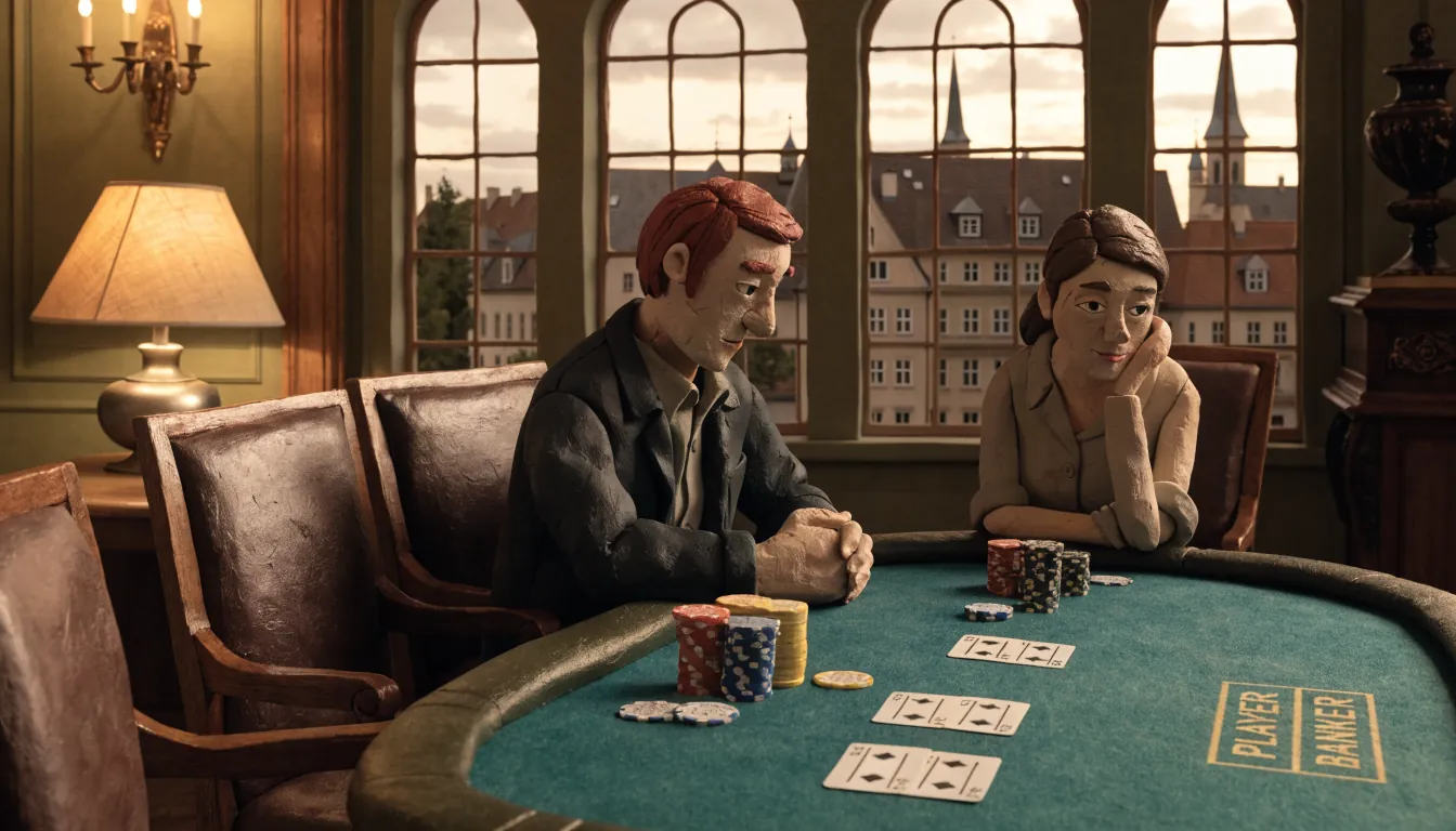 Elegante Casino-Lounge in Deutschland mit Baccarat-Tisch, Chips und Karten bei Abendlicht