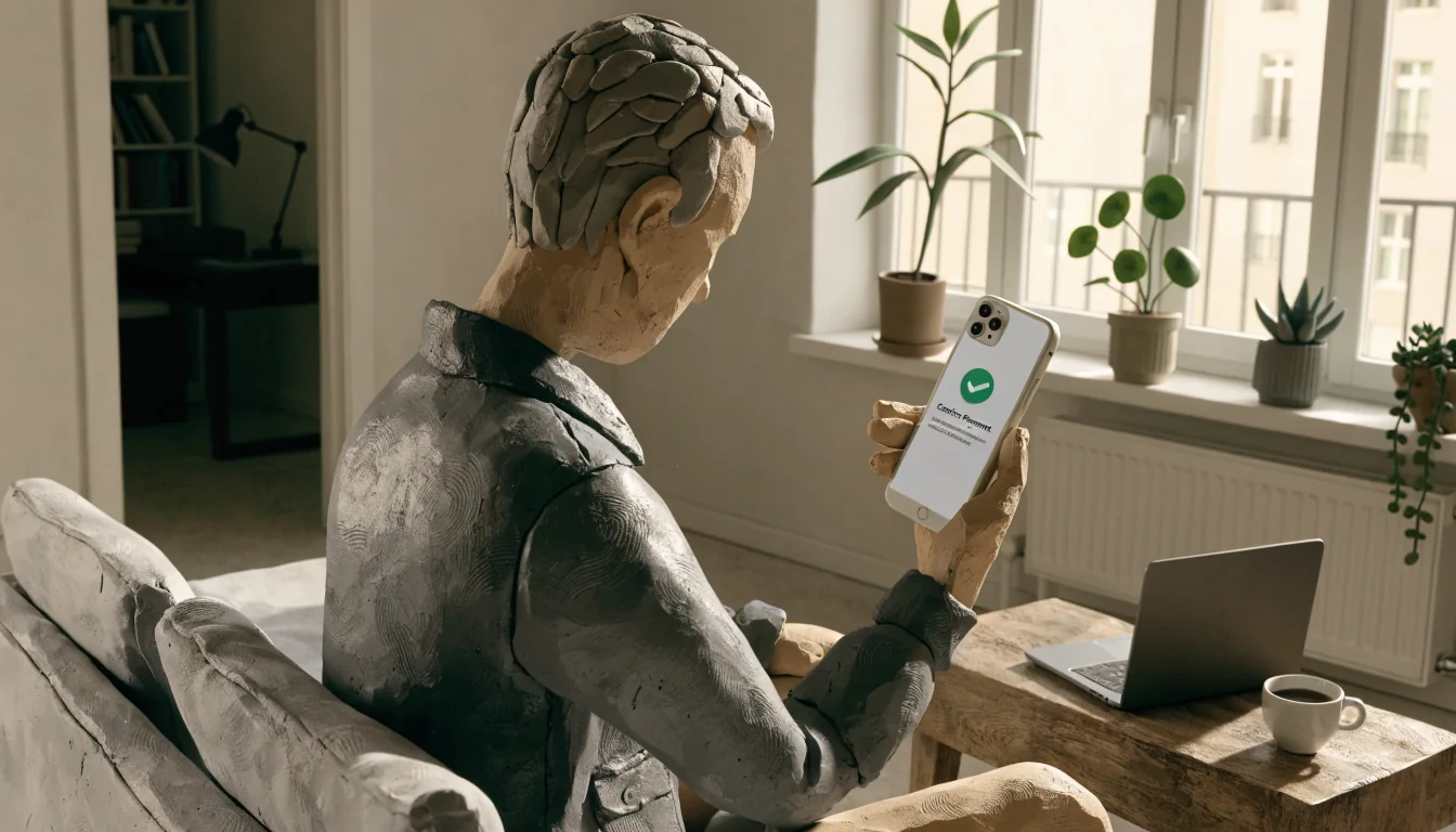 Person auf modernem Sofa bestätigt Apple-Pay-Zahlung auf iPhone im hellen deutschen Wohnzimmer