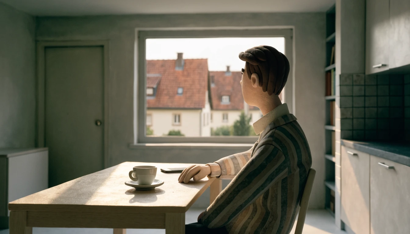 Modernes deutsches Apartment, junger Mann am Schreibtisch mit Smartphone und Kaffeetasse, warmes Nachmittagslicht.
