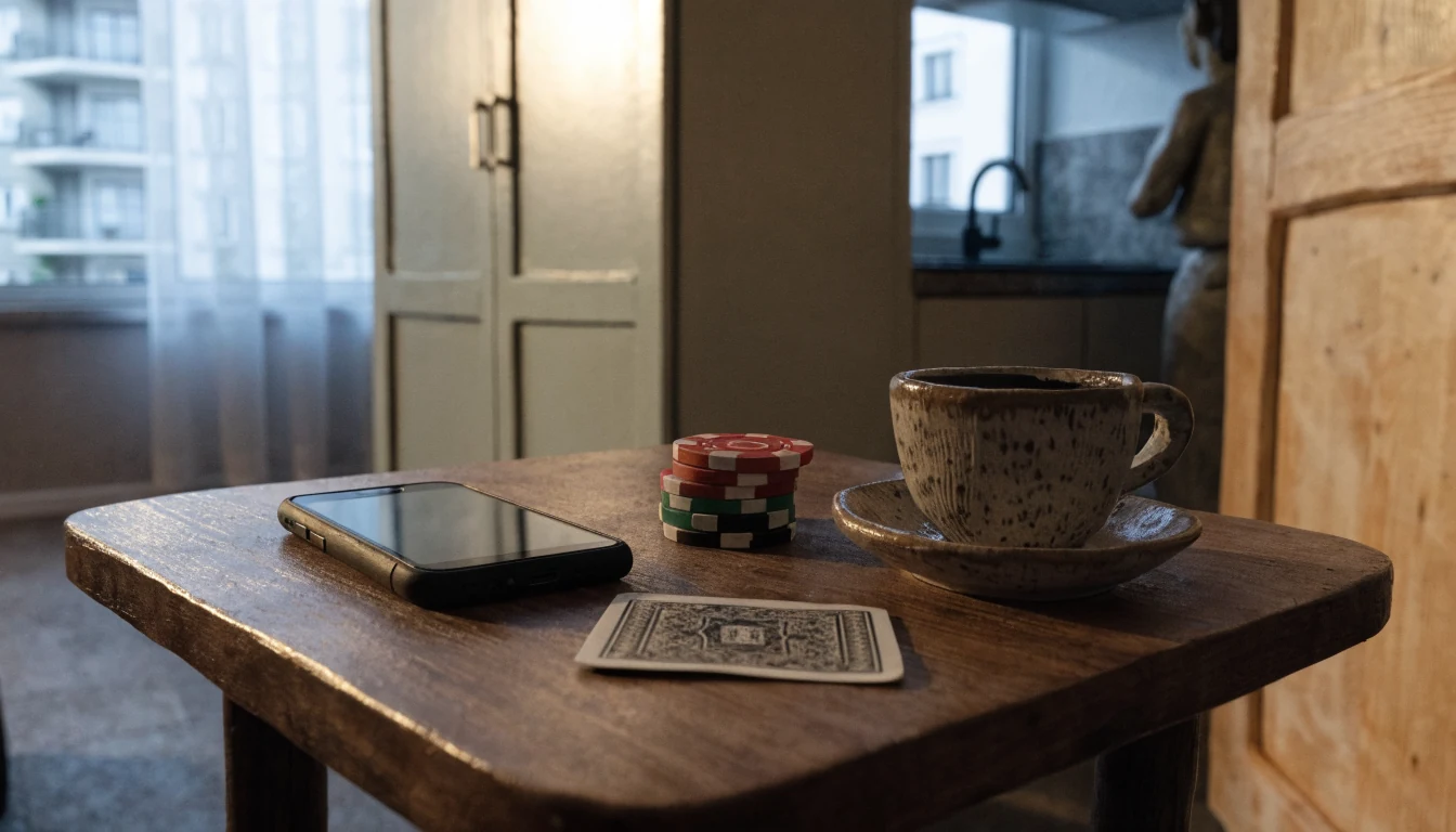 Smartphone neben Casino-Chips und Spielkarte auf Holztisch.