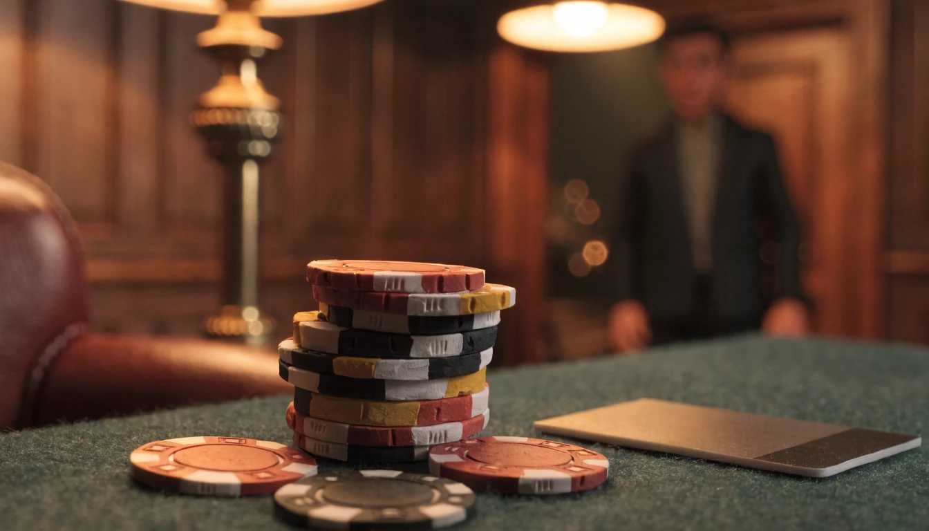 Stapel bunter Casino-Chips neben einer Zahlungskarte auf grünem Filztisch im warmen Interieur