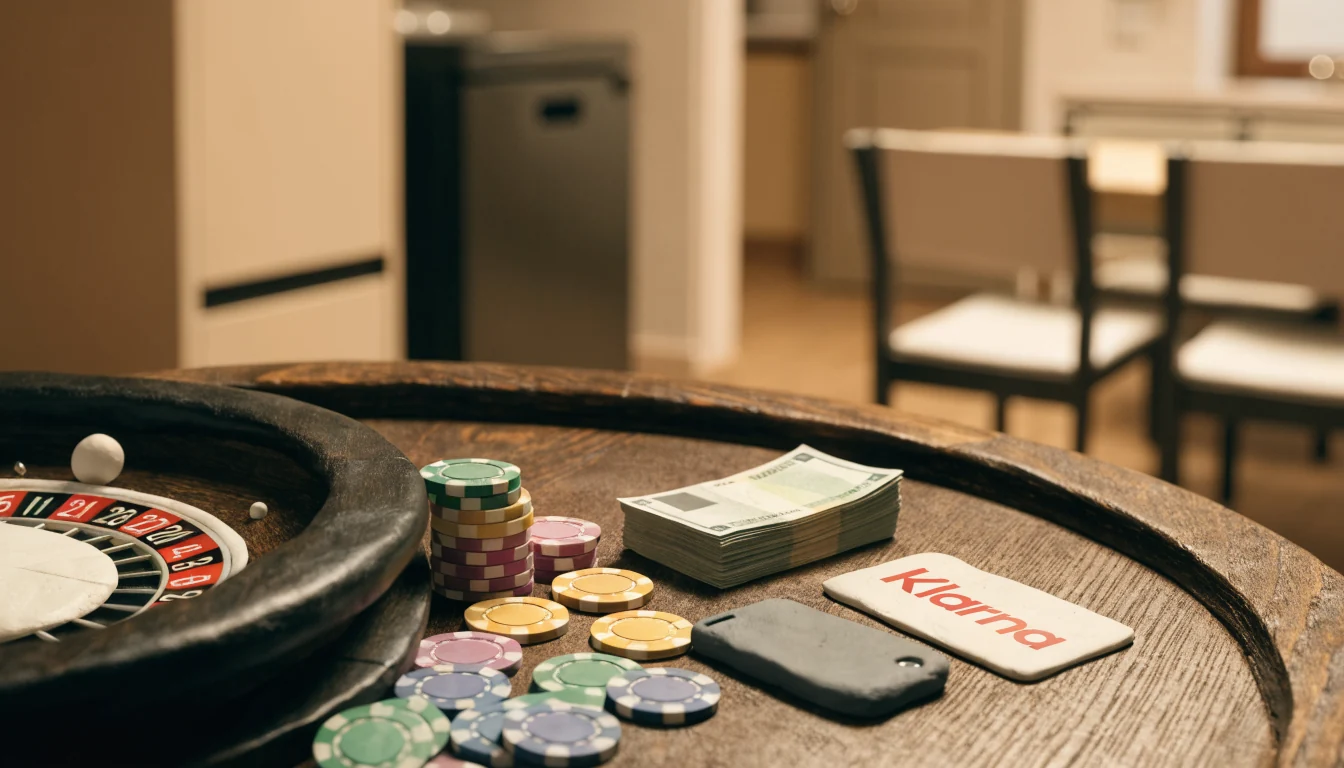 Roulette-Tisch mit Chips, Smartphone und Klarna-Karte auf einem Holztisch.