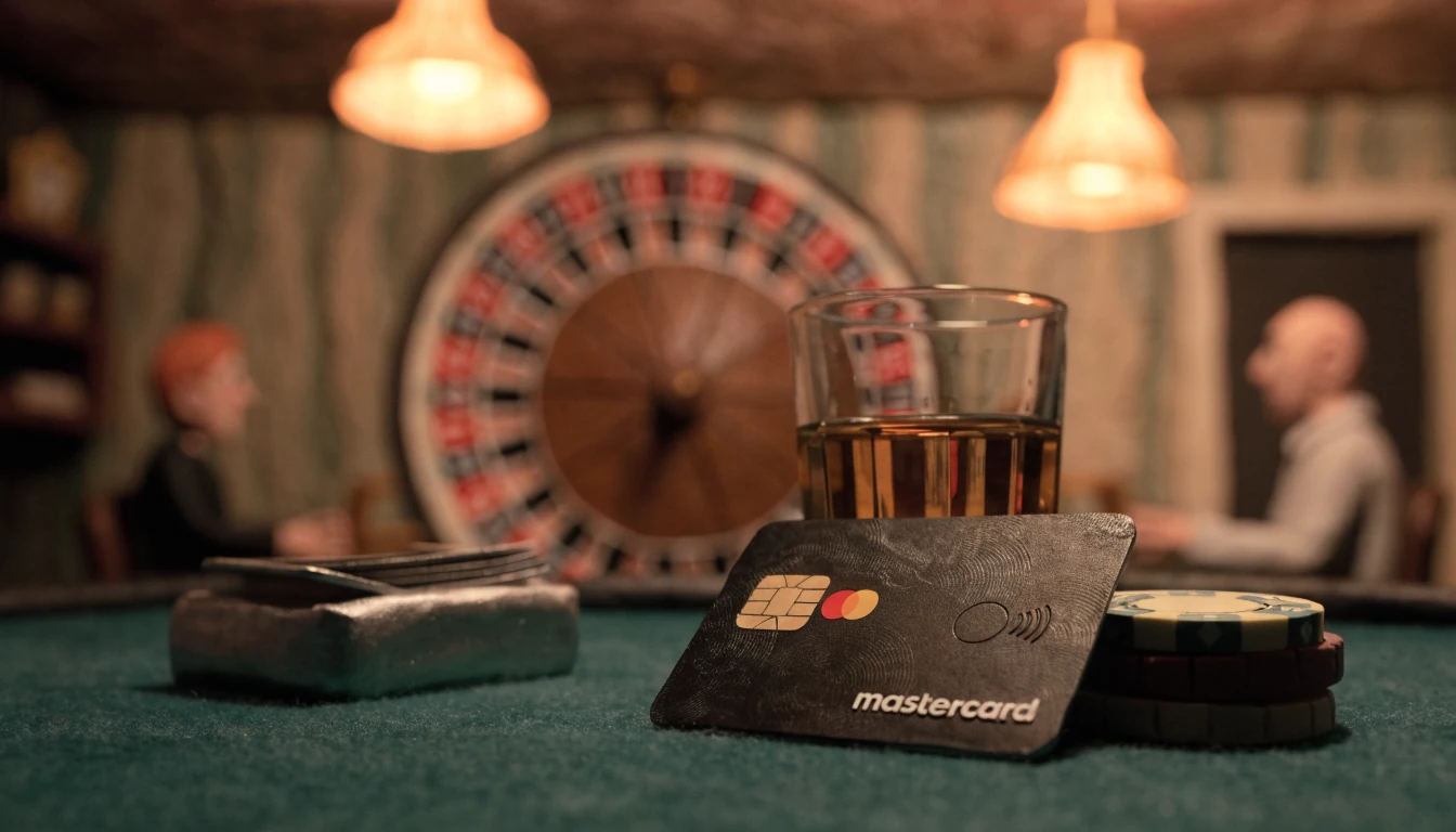 Mastercard-Kreditkarte und Casino-Chips auf einem Filztisch in einem deutschen Casino.
