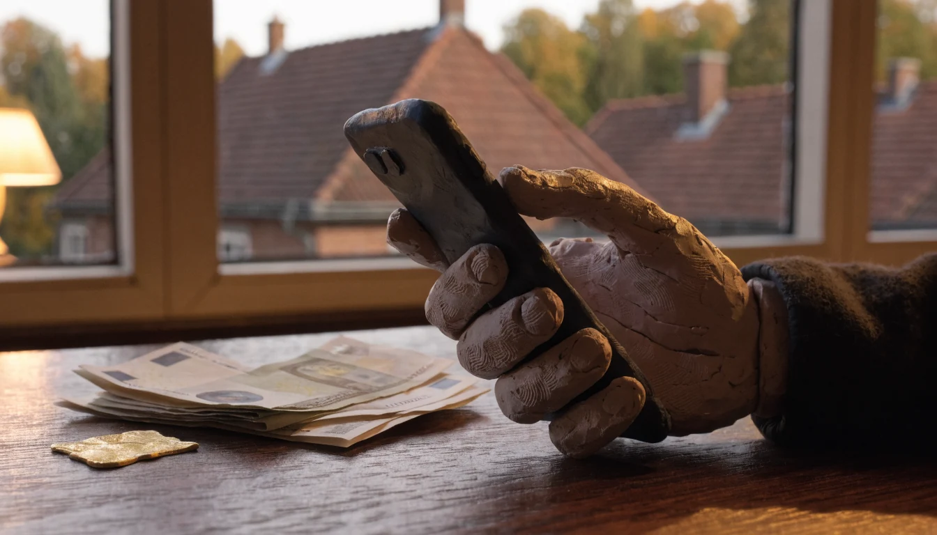 Smartphone neben Euro-Scheinen und Casino-Chip auf Tisch