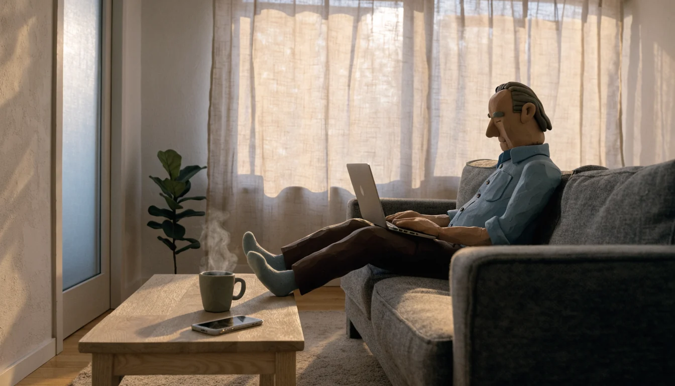 Mann entspannt auf Sofa mit Laptop in modernem deutschen Wohnzimmer bei warmem Abendlicht