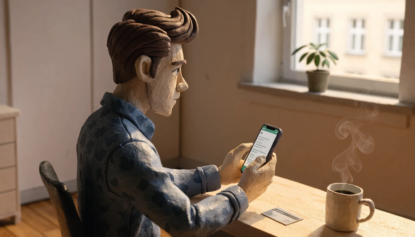 Junger Mann am Schreibtisch prüft Banking-App auf dem Smartphone neben Kreditkarte und Kaffeetasse.