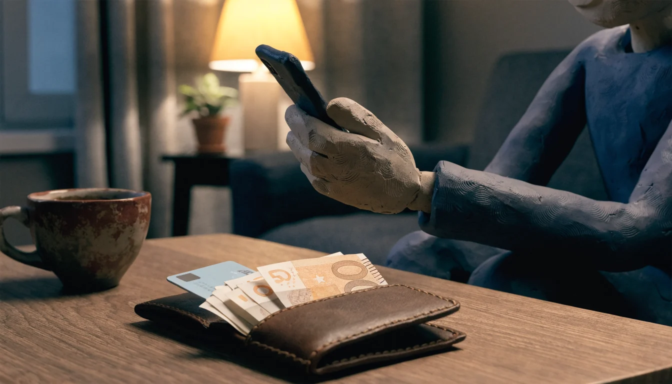 Person mit Smartphone und Geldbörse auf Couchtisch in modernem Wohnzimmer.