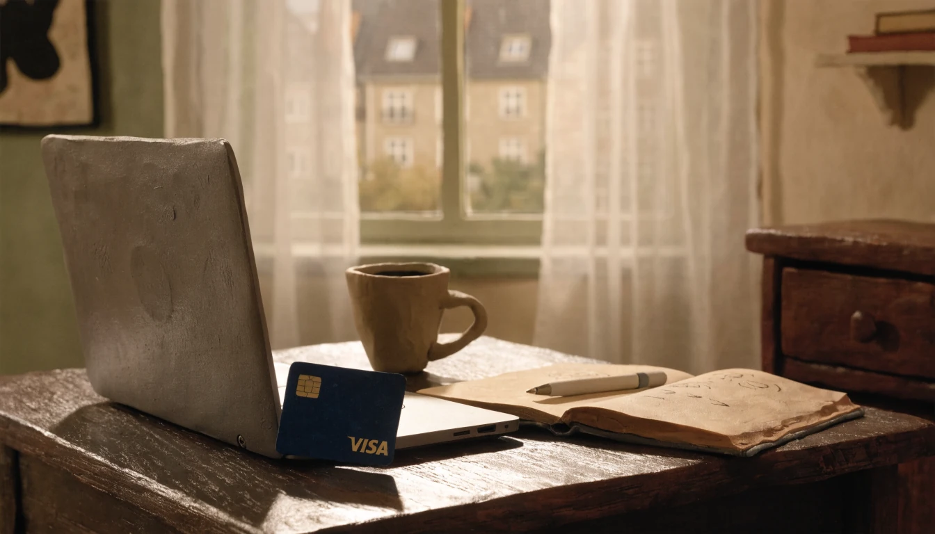 Visa-Kreditkarte neben einem Laptop auf einem Schreibtisch in einer modernen Wohnung.