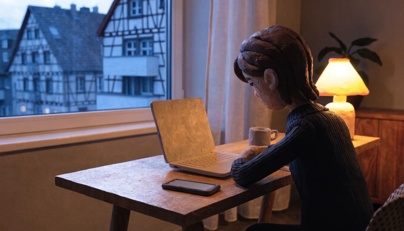 Arbeitsplatz mit Laptop und Smartphone in deutscher Wohnung bei Abendlicht.