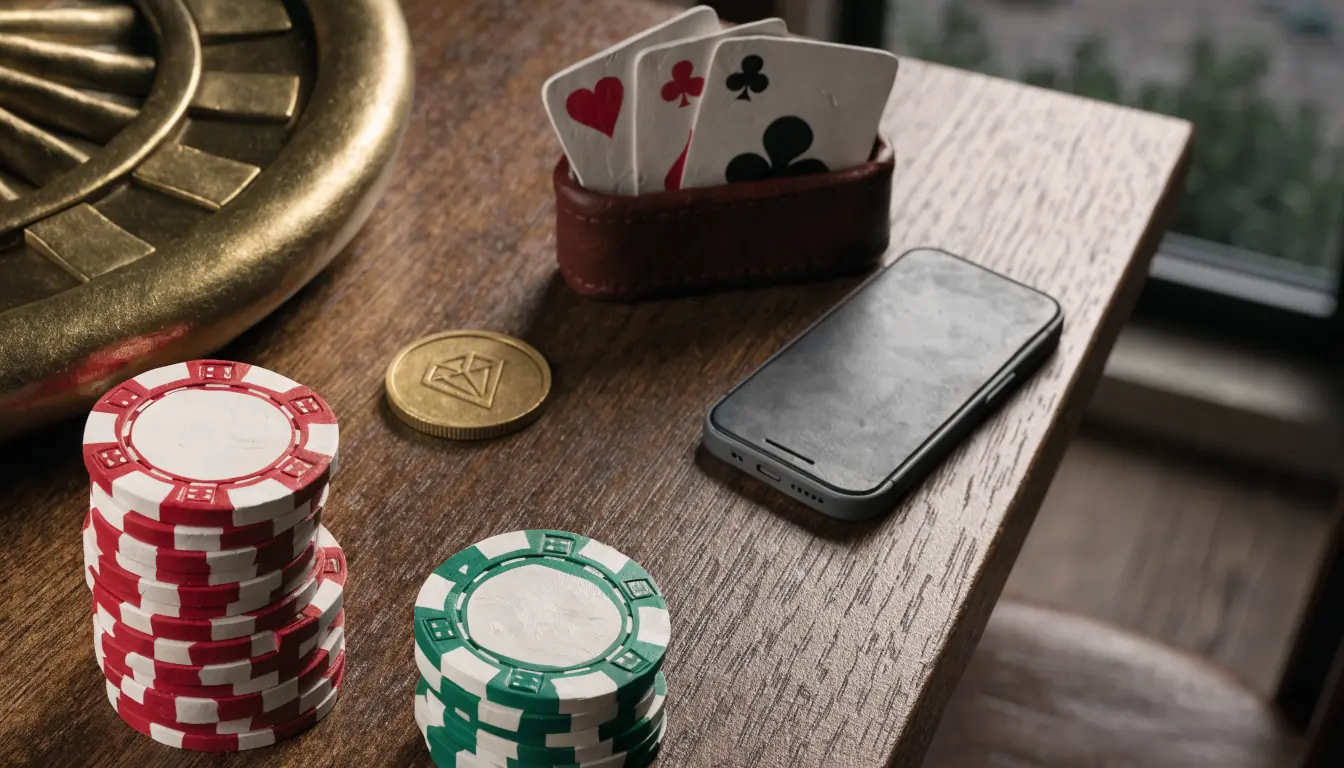 Casino-Chips, Roulette und eine Kryptomünze auf einem Schreibtisch zum Vergleich.