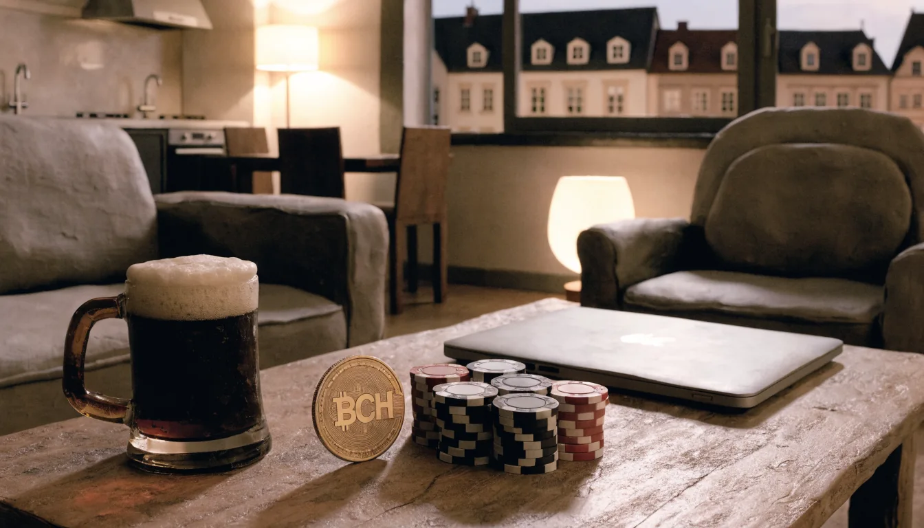Wohnzimmer bei Dämmerung mit Bitcoin-Cash-Münze, Casino-Spielen und Laptop auf dem Tisch