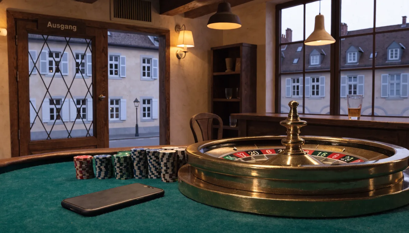 Casino-Tisch mit Roulette und Chipstapeln, Smartphone mit dem Bildschirm nach unten