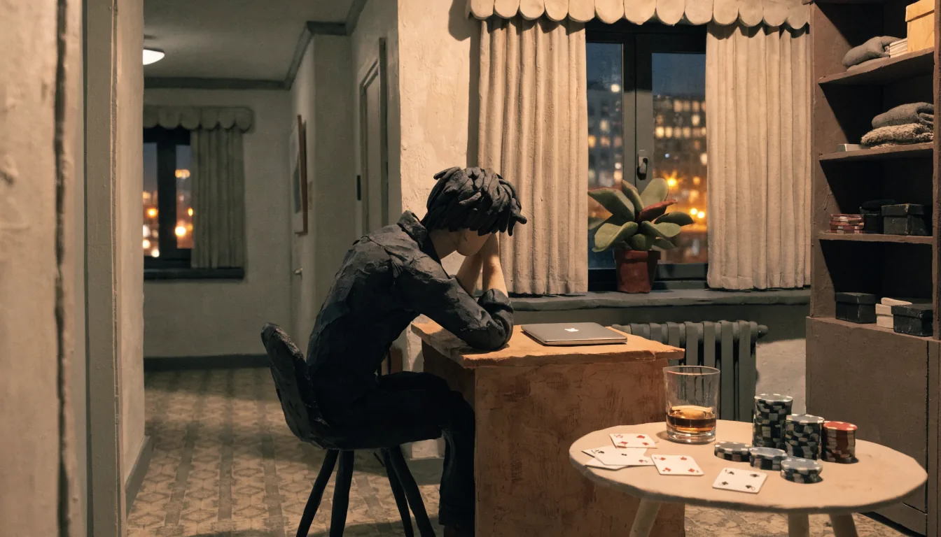 Deutsches Apartment am Abend mit Casino-Chips und Spielkarten auf einem Tisch
